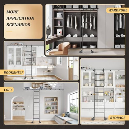 Fredbeck Rolling Library Step Ladders 96 inch Tall with 12FT Sliding Hardware Track Kit 7 Steps for Bookshelf wall Home Ladder