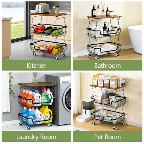 Pantry Floor Organizeron with Wheels, 3 Tier Rolling Fruit Vegetable Basket for Kitchen Stackable Wire Basket Stand for Home Removable Metal Vegetable Rack Wire Snack Cart