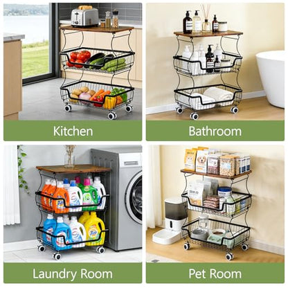 Pantry Floor Organizeron with Wheels, 3 Tier Rolling Fruit Vegetable Basket for Kitchen Stackable Wire Basket Stand for Home Removable Metal Vegetable Rack Wire Snack Cart