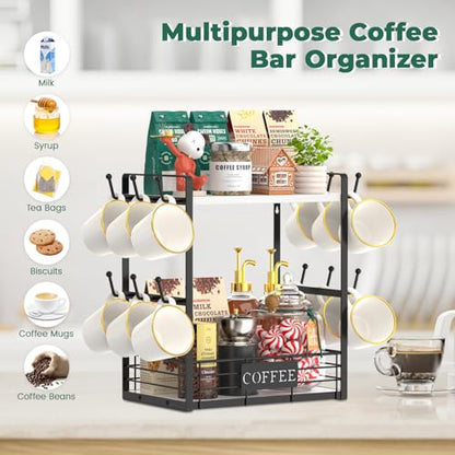 EsLuker.ly Coffee Mug Cup Holder Tree Bar Station Organizer, 2 Tier White - color: White + Black
