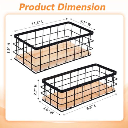 Set of 2 Black Metal Wire Storage Baskets with Wood Bottoms, Large & Medium Bathroom Organizer Bins, Farmhouse Kitchen Counter Spice Rack, Wall Mountable with Bonus Adhesive Hooks