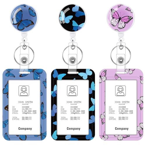 3 Pack Butterfly Badge Holder with Retractable Reel, Vertical Id Case - color: Butterfly