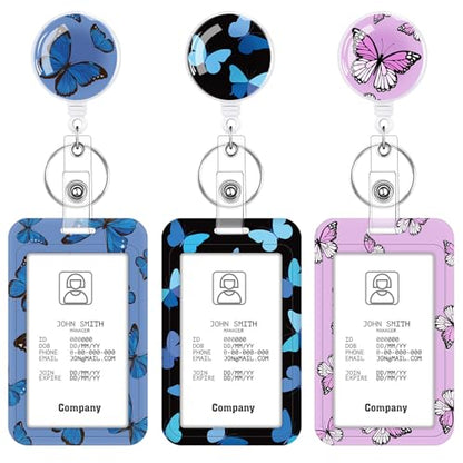 3 Pack Butterfly Badge Holder with Retractable Reel, Vertical Id Case - color: Butterfly