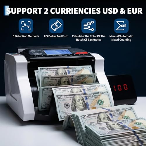 Garvee Money Counter Machine with Value Count, Dollar Euro UV/MG/IR/DD/MT Counterfeit Detection, Bill Counter with Batch Add Value Count Modes, LCD Display for Business Retail Store