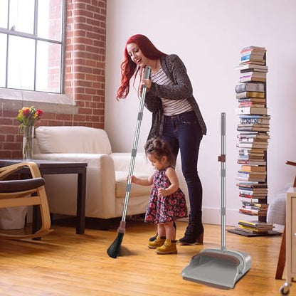 Upgrade Broom and Dustpan Set, Self-Cleaning with Dustpan Teeth, Ideal for Dog Cat Pets Home Use, Super Long Handle Upright Stand Up Broom and Dustpan Set (Brown) - color: Brown-02
