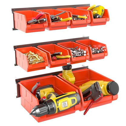 WALMANN Wall Mount Storage Bins for Small Parts, 10 Bins with 3 Metal Rails - color: Orange-red