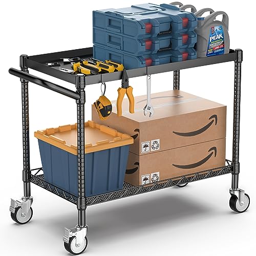 Utility Tool Cart with Wheel, 45In Large Rolling Utility Carts with Handle - color: 2-black, size: 2 Tier