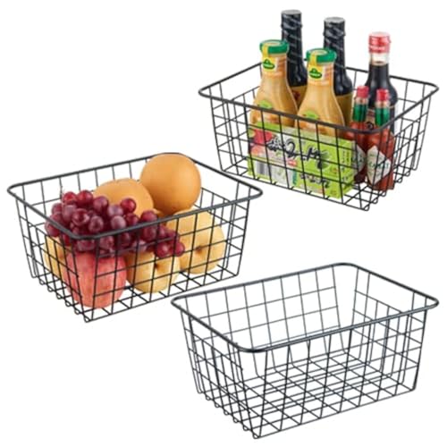 JUNCHU CHERRY Wire Kitchen Storage Basket 3 Packs,Perfect Pantry Organization Accessories Baskets,Laundry Basket,Countertop Organization,Suitable for Kitchen,Bathroom,Bedroom,Tabletop,Stackable,Black - color: Black