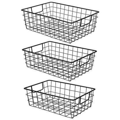 3 Pack Extra Large Wire Basket with Metal Handles, Metal Basket for organizers and storage, Wire Storage Baskets for Pantry, Cabinet, Fridge, Kitchen, Wardrobe, Garage, Bathroom, Black - size: 3PC Extra Large Basket Black
