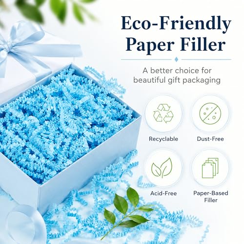 STRBOXONG Light Blue Crinkle Paper Filler 1 LB, Dust-Free Crinkle Cut Paper Shred for Baby Shower Gifts, Birthday Gift Boxes, Gift Baskets, Party Favors, DIY Crafts and Small Business Packaging - color: Light Blue