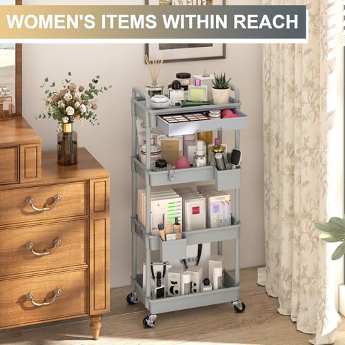 Goovilla 4 Tier Rolling Utility Cart Organizer with Removable Drawer, Grey - size: 4 Tier, style: Gray