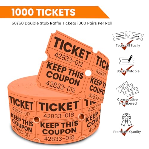 PM Company 2000 Pcs (1000 Pairs) Raffle Tickets Double Roll, 50/50 Orange - color: Orange