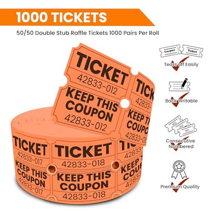 PM Company 2000 Pcs (1000 Pairs) Raffle Tickets Double Roll, 50/50 Orange - color: Orange