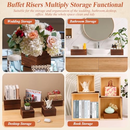 Qinzave 7 Pack Wooden Risers Display Stands with Acrylic Maker Pen and Mini Sign, Food Risers for Buffet Table Shelf Display Stand for Party Catering Dessert Cupcake Jewelry - color: 8.8" 8" 7" 6.5" 6" 5" 5"