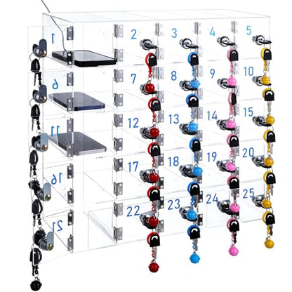 25 Doors Cell Phone Locker Box with Charging Hole (Upgrade Size), Clear Acrylic Cell Phone Storage Cabinet Wall Mounted, Locks, Key, Number for Classroom Employee Office School Factory - style: 25 Doors