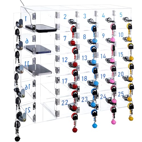 25 Doors Cell Phone Locker Box with Charging Hole (Upgrade Size), Clear Acrylic Cell Phone Storage Cabinet Wall Mounted, Locks, Key, Number for Classroom Employee Office School Factory - style: 25 Doors