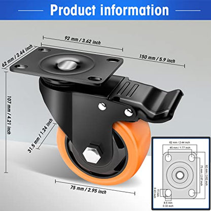 3" Swivel Plate Casters, 1000Lbs Capacity with Brake - color: Orange, size: 3 Inch