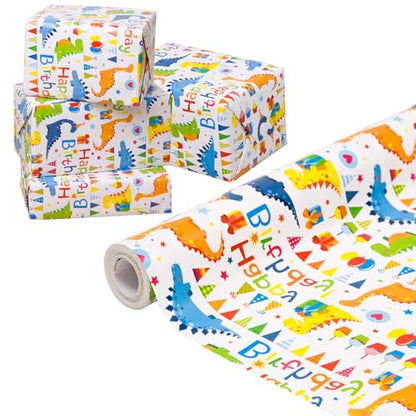 Dinosaur Happy Birthday Gift Wrapping Paper Boy Roll - 17 inch X 50 Feet - color: Dinosaur