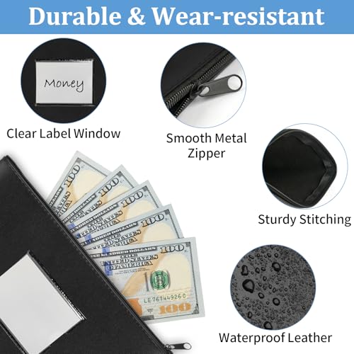 2 Pack PU Leather Bank Money Bags with Zipper & Label, Black & Navy Blue - color: Black & Navy Blue