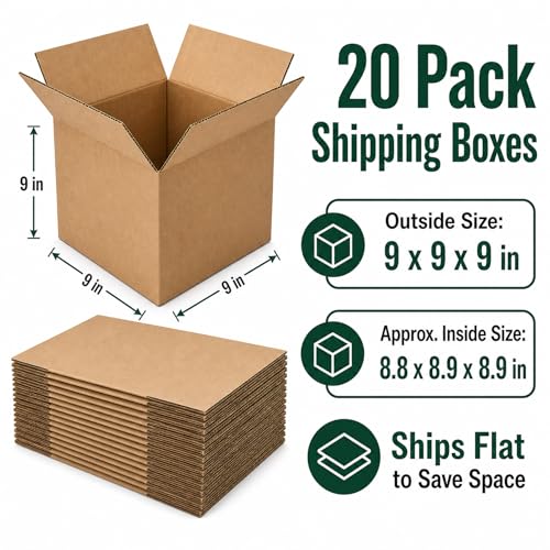 9x9x6 Brown Kraft Shipping Boxes for Small Business, 20 Pack - size: 9x9x6 Inch