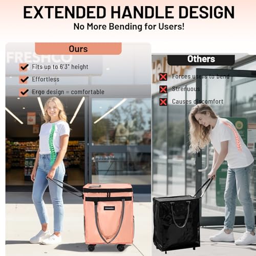 Fanwoli Reusable Grocery Bag on Wheels, 66L Upgraded Fabric - color: Pink - B, size: Medium