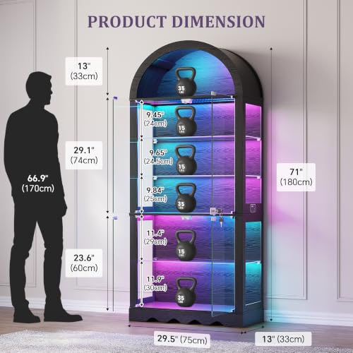 6-Tier Arched Glass Display Cabinet with RGB Lights & Lock - color: Black 6 Tier