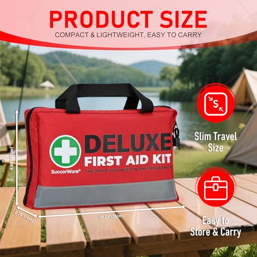 SuccorWare 380 Pieces Deluxe First Aid Kit Compact Trauma Medical Kits with Assorted Bandages, Instant Cold Pack, Emergency Blanket for Home, Travel, Camping, Vehicle, Emergency Kits(Red)