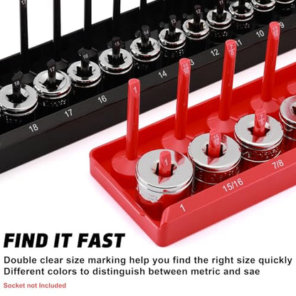 1/4-Inch & 3/8-Inch Drive Socket Organizer Trays, 4-Piece SAE and Metric Socket Tray Set, Deep and Standard Socket Holders Organizers for Toolbox, Black & Red - size: 1/4 & 3/8-Inch SAE and METRIC