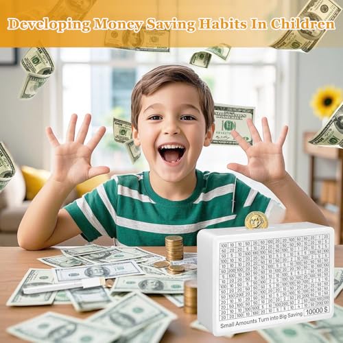 White Wooden Money Box with Interactive Savings Jar for Adults, Kids, Boys & Girls – Unbreakable Piggy Bank to Track Progress, Cash Vault Wooden Savings Box, Great Gift for Children - color: White