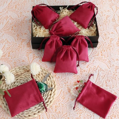 Tapleap 12Pcs Small Jewelry Bags, 3x4” Red Velvet Drawstring Coin Pouch - color: Red, size: 3x4in