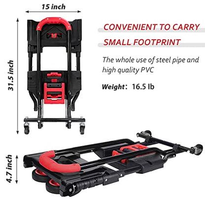 Folding Hand Truck, Portable Dolly Cart with Rubber Wheels and Retractable Handle, 2 in 1 Design 330lbs Capacity Hand Cart Foldable for Transportation/Luggage/Mobile/Travel/Office Use - color: Red