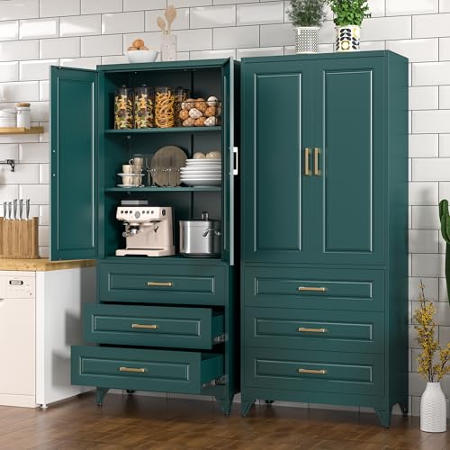 Polup 75" Metal Storage Cabinet, Kitchen Pantry Cabinet with 3 Drawers - color: Green, size: 75"H - 3 Drawers