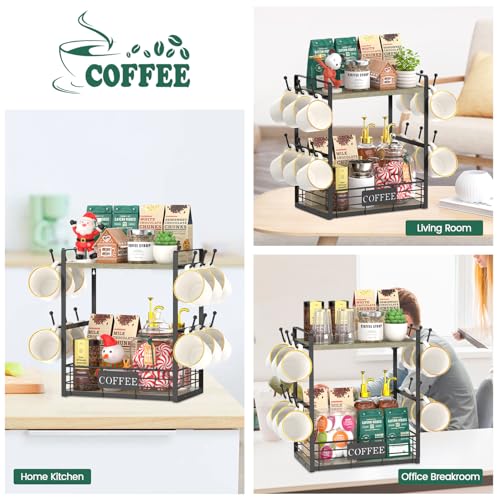 EsLuker.ly Coffee Mug Cup Holder Tree Bar Station Organizer, 2 Tier Grey Oak - color: Grey Oak + Black