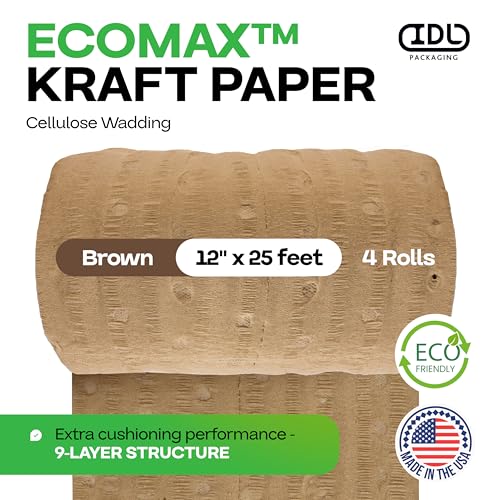 IDL Packaging 12" x 25' EcoMax™ Kraft Paper Cellulose Wadding (4 Rolls) - Cushioning Wrapping and Box Void Filling - Soft and Gentle Packing for Shipping, Moving, and Storing Fragile Items - size: 12" х 25 feet (4-pack)