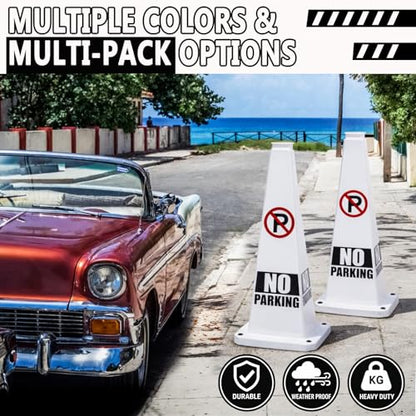 BESEA No Parking Cones 3 Pack, 28 Inch Heavy Duty Weighted Parking Cones - color: White, size: 28INCH With Caution Sign