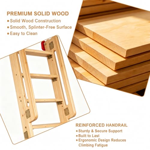 6.5ft Folding Wooden Loft Ladder, 8 Steps Rolling Library Ladder with Dual Handrails, Industrial Style SolidWood Step Ladder, Portable Loft Attic Ladder, 660LBS, for Attic, Warehouse, Library - size: 6.5ft