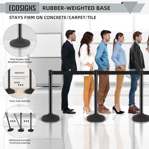 ECOSlGNS 12 Pack Crowd Control Stanchions with Retractable Belts - Commercial Black Stanchions with Heavy Duty Base & Sign Holders for Queue Management - color: Black- 12 Packs