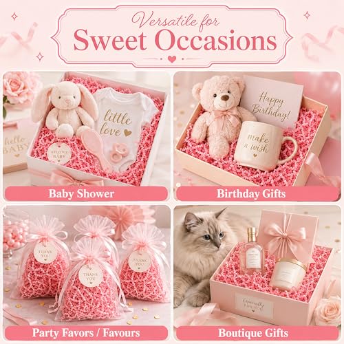STRBOXONG Pink Crinkle Paper Filler 1 LB, Dust-Free Crinkle Cut Paper Shred for Gift Baskets, Bridesmaid Boxes, Valentine Gifts, Baby Shower Favors, Beauty Packaging, Party Supplies and Gift Bags - color: Pink