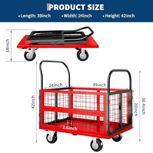 6in1 Foldable Platform Truck Cart with Cage Platform Truck,1800lbs Push Cart Dolly Capacity Flatbed Hand Truck Dolly Cart Multipurpose for Grocery, Laundry, Garage, Warehouse (Red+Black)