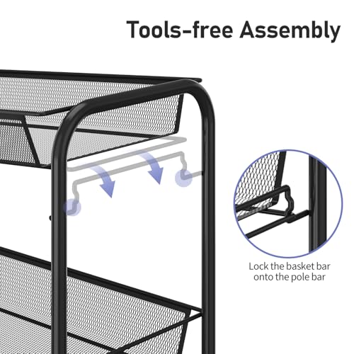 TOOLF 3 Tier Rolling Cart, Metal Utility Storage Cart with Wheels, Black - color: Black, size: 3-Tier