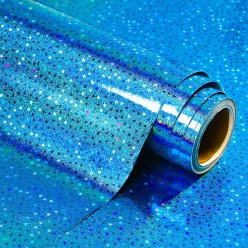 Vnaaem Blue Holographic Wrapping Paper Roll - Metallic Foil Stars Design Gift Wrap for Birthday Kpop Party Graduation Wedding Baby Shower(17 IN x 16.5 Ft) - color: Blue Metallic Stars