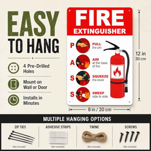 Fire Extinguisher Use Instructions PASS Technique Metal Sign, 8X12 Inch, Aluminum, Safety Instruction Wall Decor for Home, Office, Workshop, Public Buildings