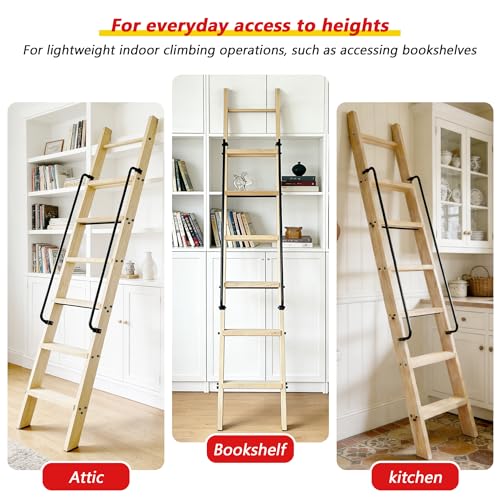 120" Solid Wood Sliding Library Ladder,10 Step Wooden Ladder with Handrails - size: Height 120"