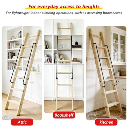 120" Solid Wood Sliding Library Ladder,10 Step Wooden Ladder with Handrails - size: Height 120"