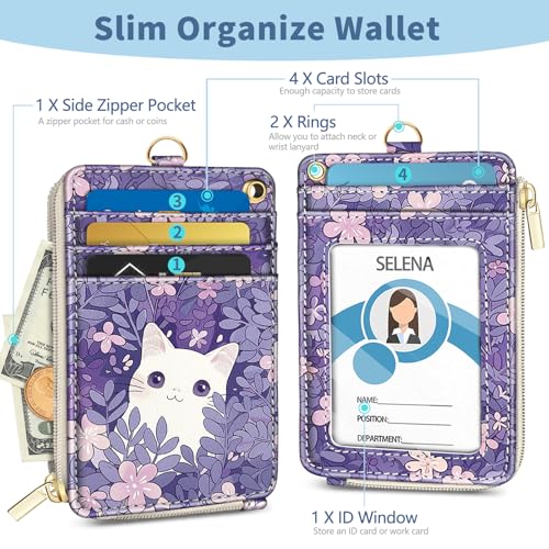 Lanyard Wallet with Id Badge Holder Cat Keychain for Card Women - color: Cat White