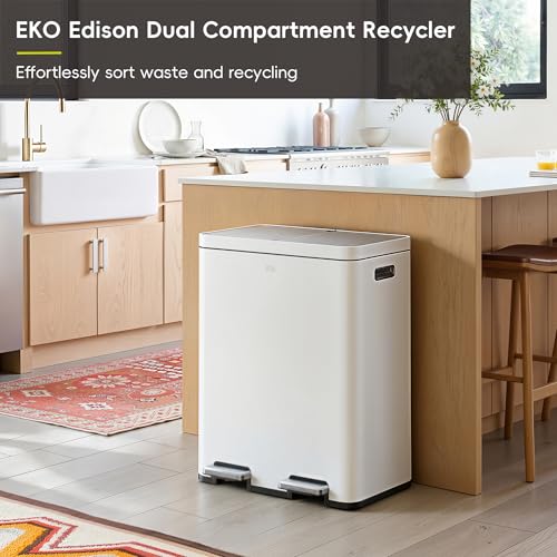 EKO Edison 8+8 Gallon Dual Trash Can for Recycling and Trash, Stainless Steel Kitchen Step Can with Dual Removable Inner Bucket, Independent Lids and Pedals, White - color: Matte White, size: 30L+30L