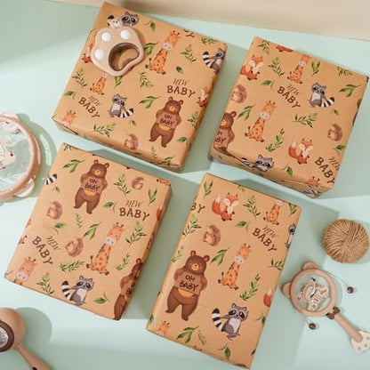 ZINTBIAL Kraft Baby Shower Wrapping Paper Roll - Unisex Baby Showers & Kids Birthdays Gift Wrap Paper - 17 Inch x 33 Feet - Cute Animal Design with Cut Lines, Newborn Theme Party for Boy or Girl - color: Baby Shower-Brown