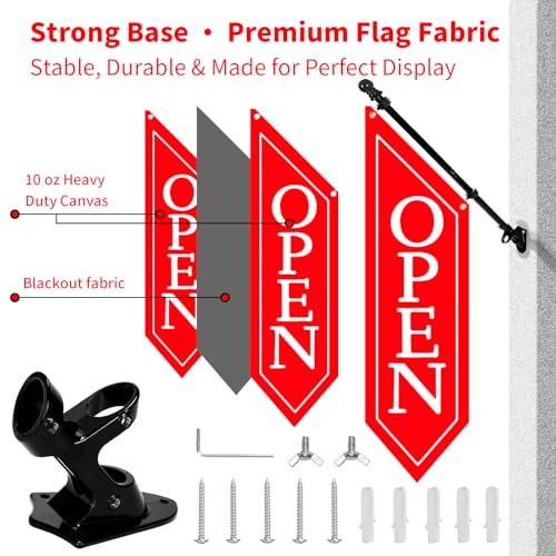 Locking Metal Cash Box with Key – 10.2"x5.7"x2.8" Money Collection Safe for Farm Stand or Retail – OPEN Flag Banner Kit with Pole & Bracket, Double-Sided Canvas Open Sign 42"x12" (Red) - color: Red