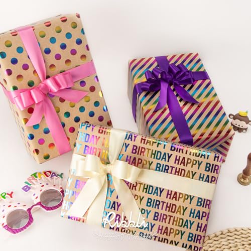 Ribbli Birthday Kraft Wrapping Paper Iridescent Gift Wrapping Paper Mini Roll, 3 Rolls Happy Birthday Polka Dots Stripes Printed Assortment - 17 inch x 120 inch(10feet) Per Roll - color: Iridescent/Brown