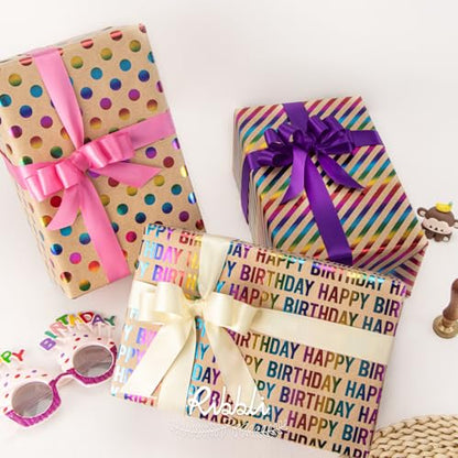 Ribbli Birthday Kraft Wrapping Paper Iridescent Gift Wrapping Paper Mini Roll, 3 Rolls Happy Birthday Polka Dots Stripes Printed Assortment - 17 inch x 120 inch(10feet) Per Roll - color: Iridescent/Brown